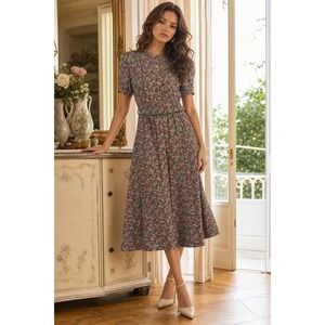 Vintage Taurus II Midi Dress Womens Fits XS Floral Cottagecore Prairie Secretary